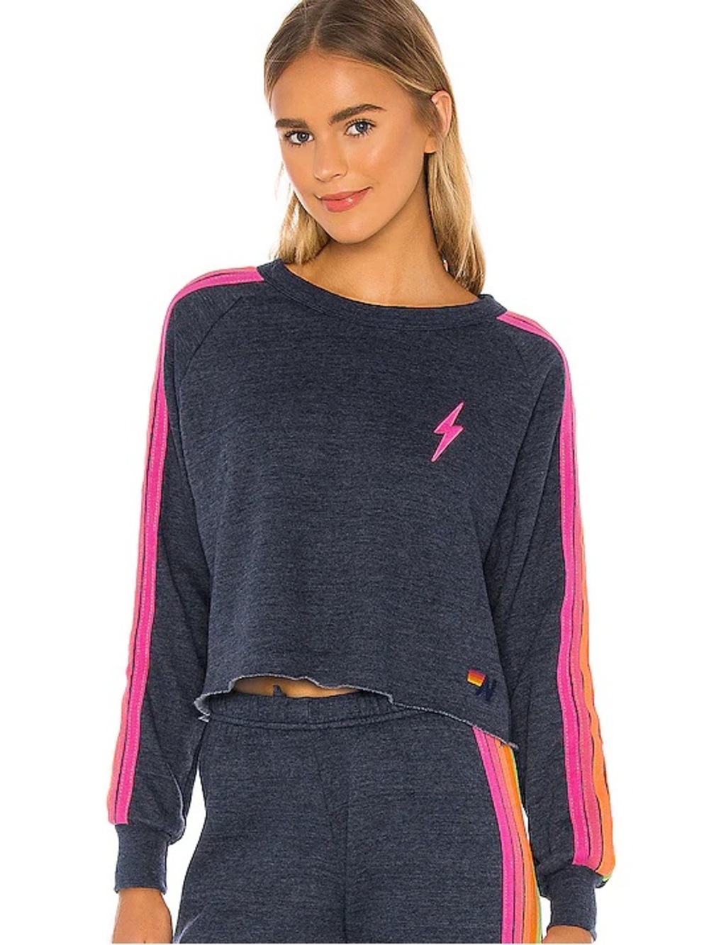 Aviator Nation Bolt Cropped Classic Crewneck Heather Navy Neon Stripes Small